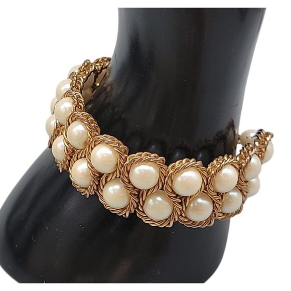 Vtg Vermeil Imitation Pearl Double Woven Row Bracelet Gold on Sterling Silver - Picture 4 of 14